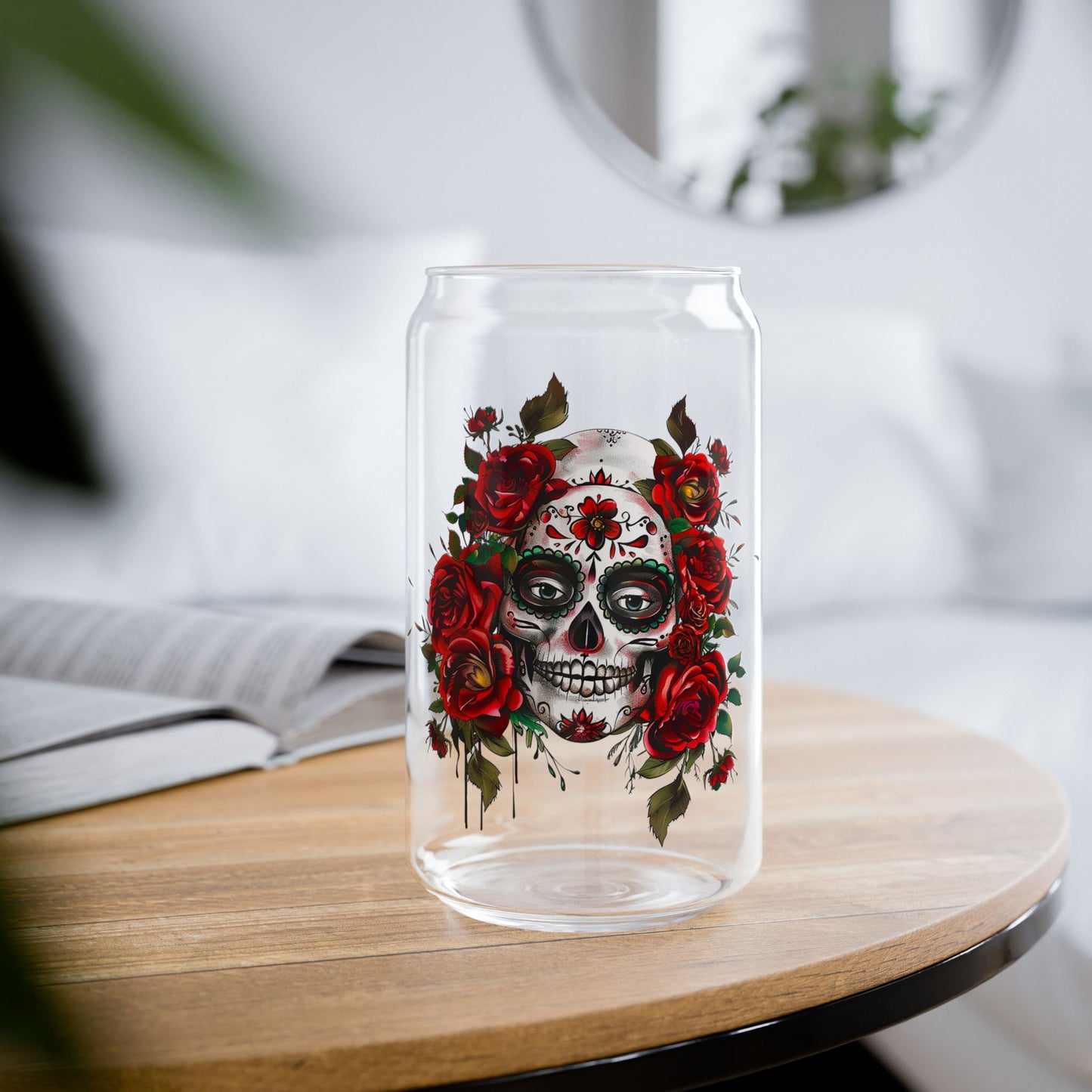 16oz Sugar Skull Glass Tumbler with Bamboo Lid and Straw – Day of the Dead Design