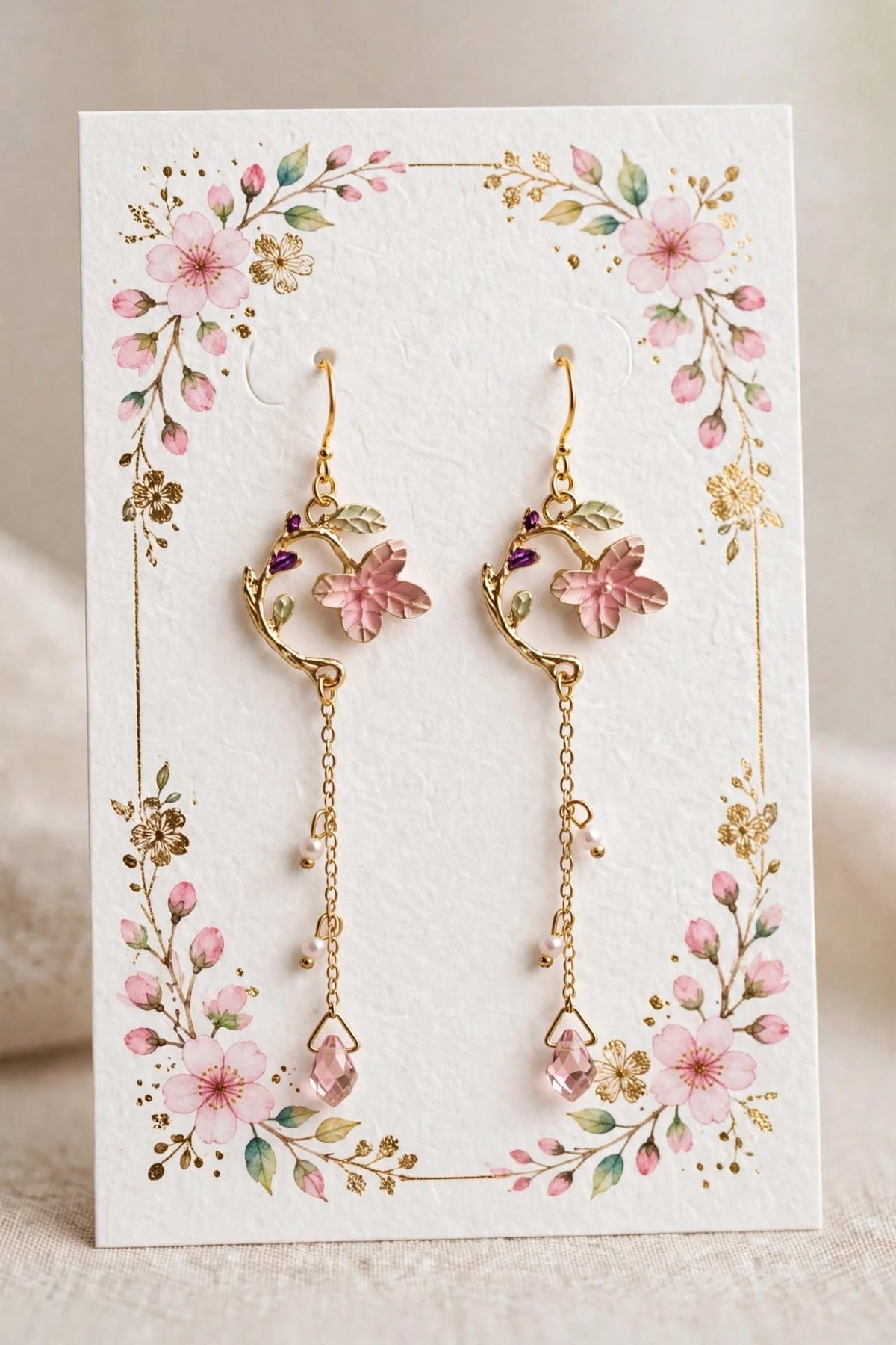 Floral Enamel Stud Dangle Earrings with Gold Chain and Glass Crystal Accents