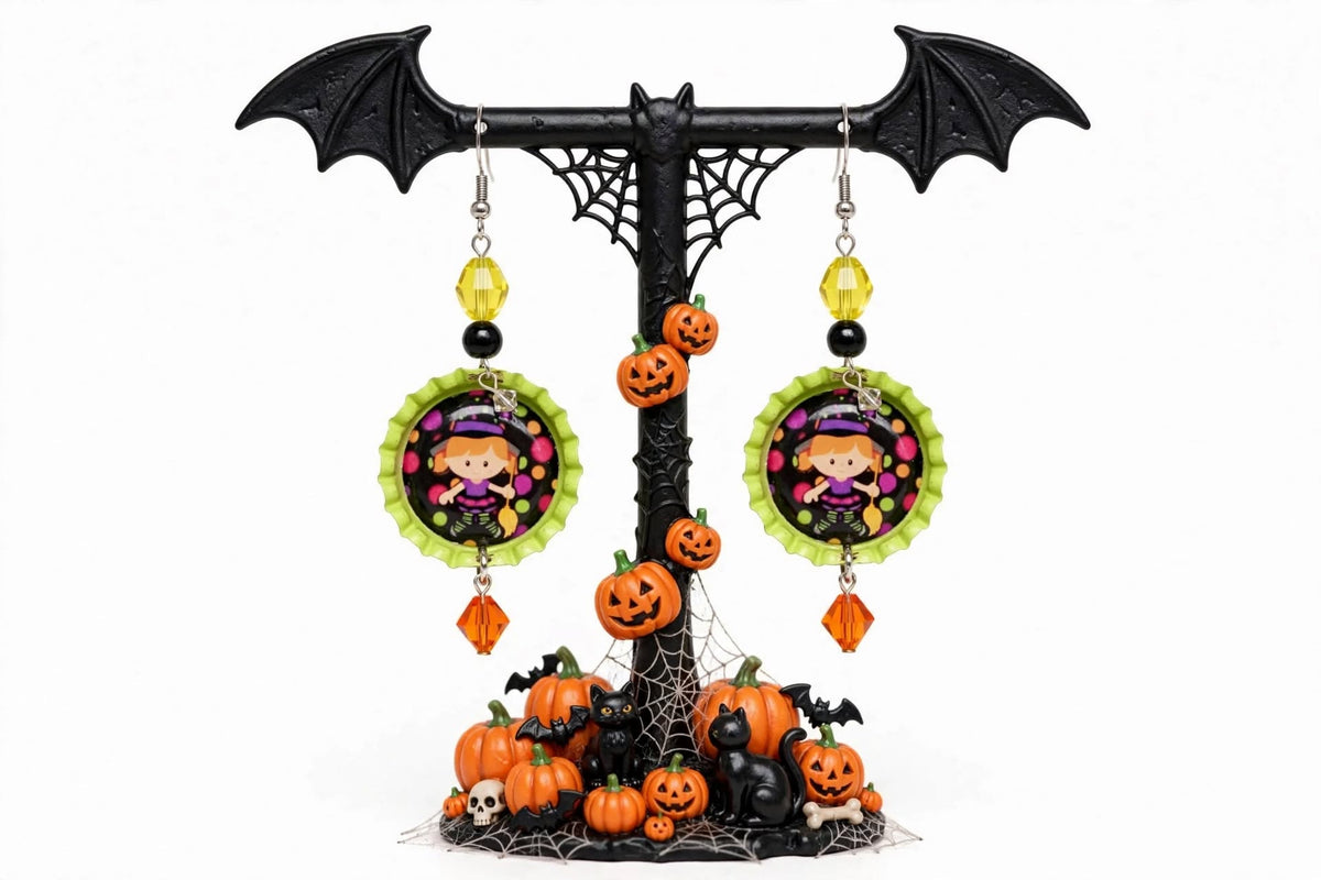 Halloween Witch Bottlecap Dangle/Drop Earrings