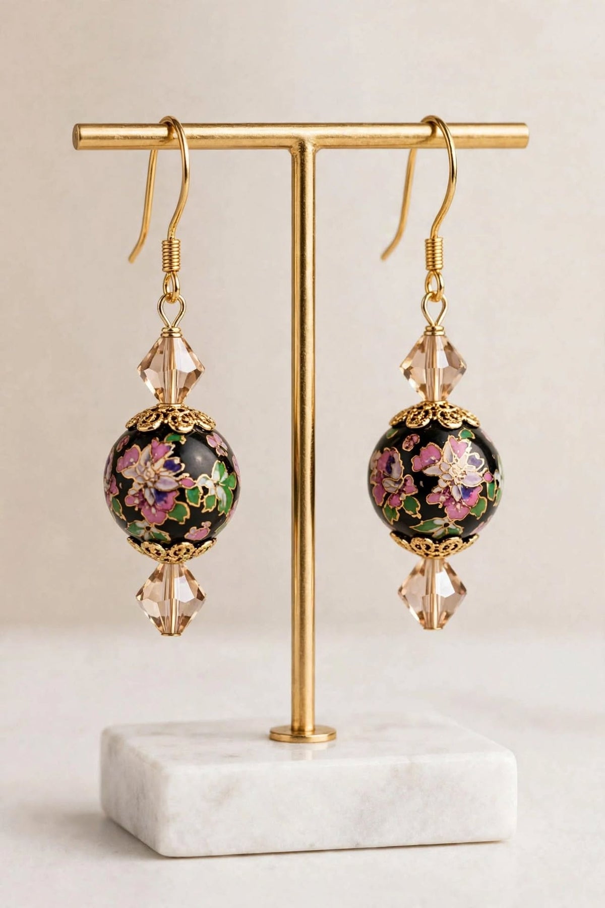 Floral Black Bead Glass Earrings - Fancy Dangle Jewelry