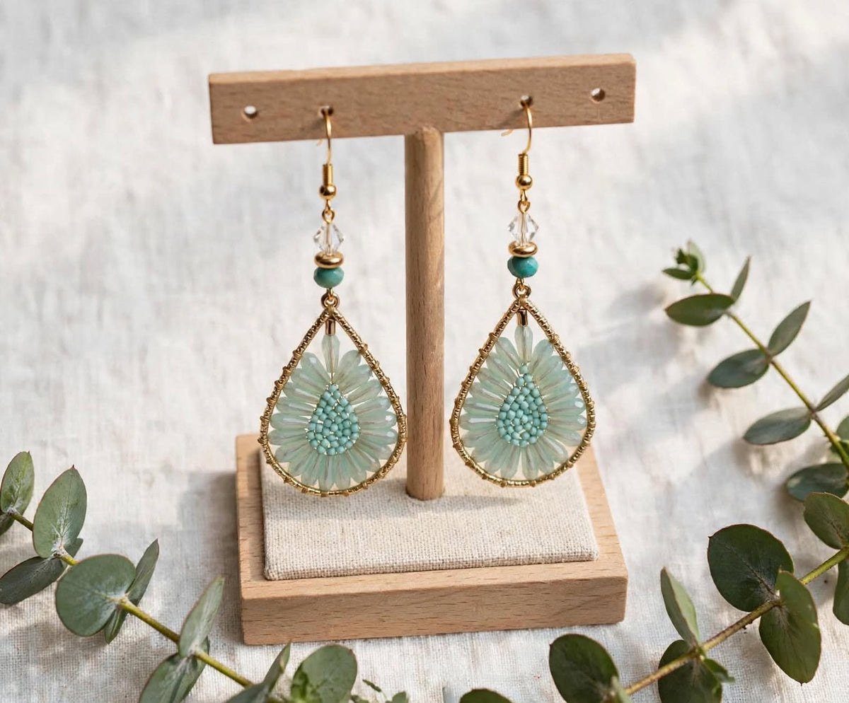 Flower Design Beaded Earrings - Stylish Teardrop Jewelry