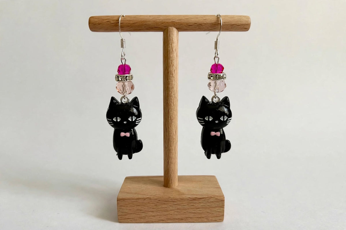 Dangle Clay Pink Bow Resin Halloween Black Cat Earrings
