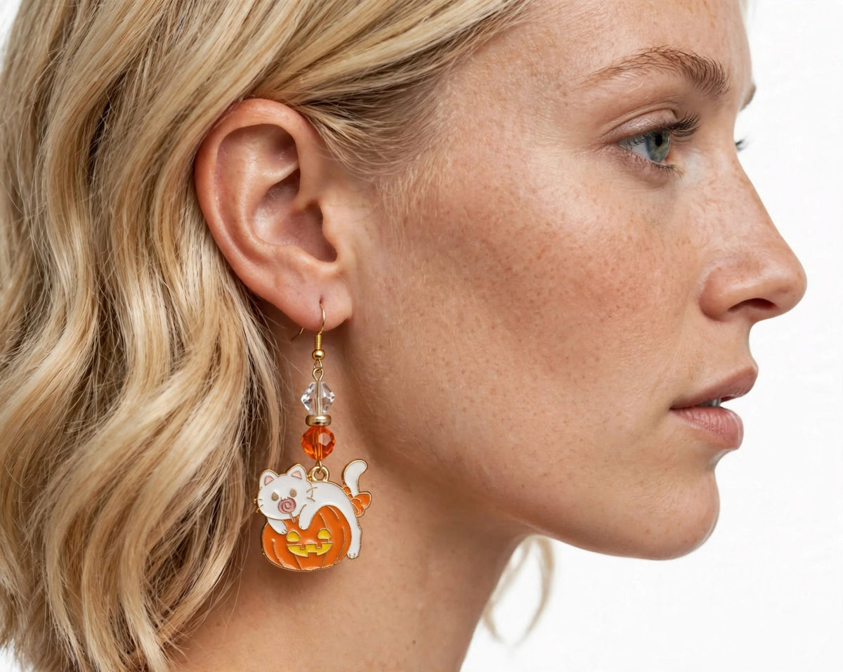 Halloween White Cat & Pumpkin Enamel Earrings - Festive Dangle Jewelry