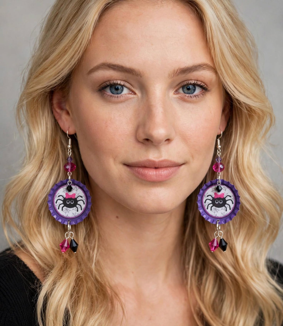 Halloween Spider Bottlecap Earrings - Spooky Cute Dangle Jewelry