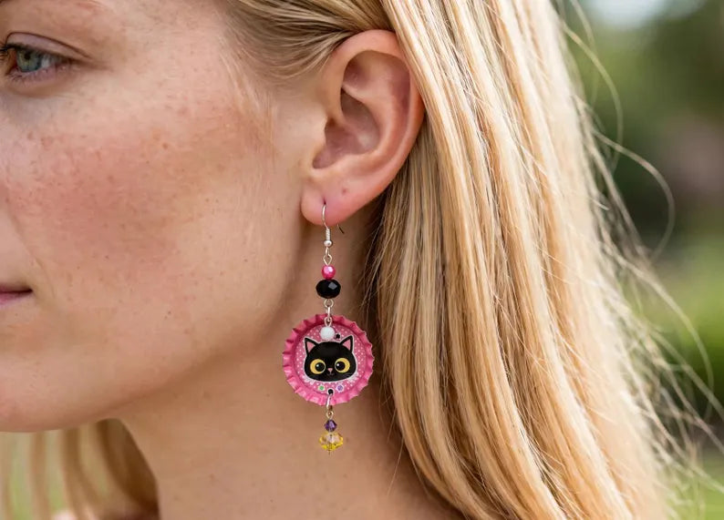 Starry Black Cat Bottlecap Earrings - Whimsical Cute Dangle Jewelry