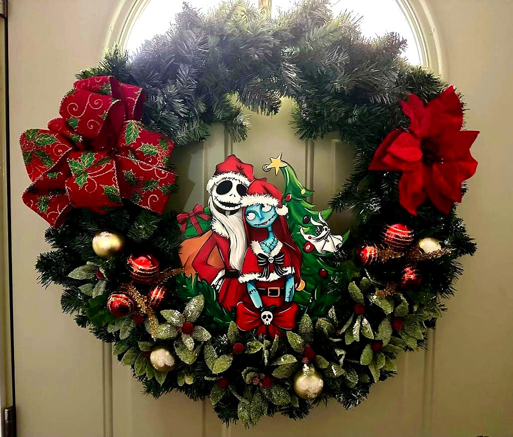 Nightmare Before Christmas Wreath, Jack and Sally Santa Christmas Wreath, Red Poinsettia Holiday Door Wreath, Gothic Christmas Decor