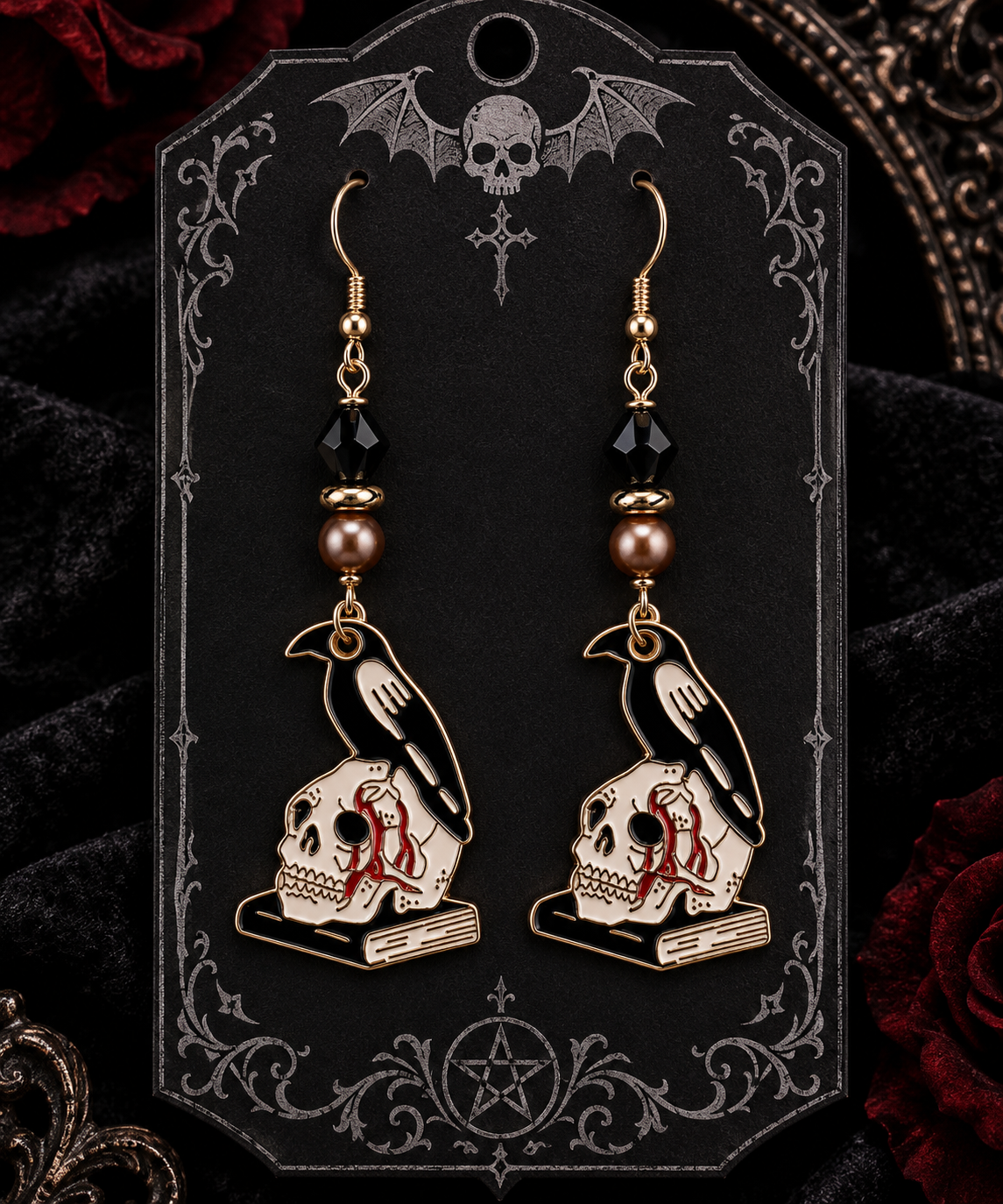 Raven Skull Enamel Earrings - Haunting Gothic Dangle Jewelry