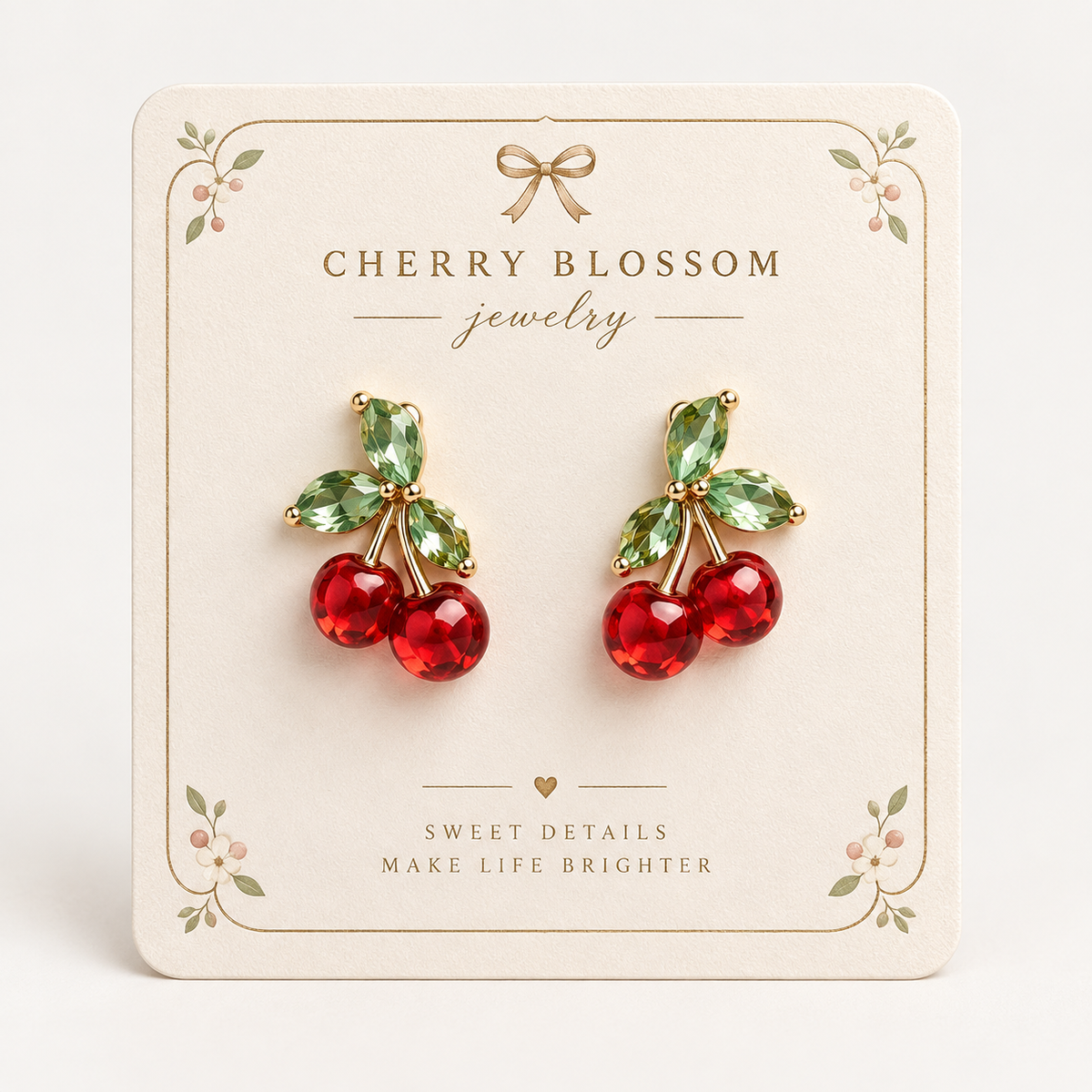 Cherry Earrings - Red Crystal Cherry Stud Earrings | Gold Cherry Blossom Earrings | Coquette Fruit Earrings | Summer Statement Jewelr