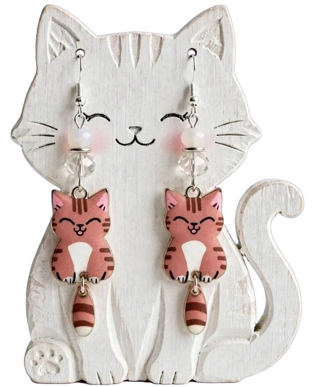 Swinging Cutie Kitty - Grinning Tabby Cat Enamel Earrings - Dangle Jewelry
