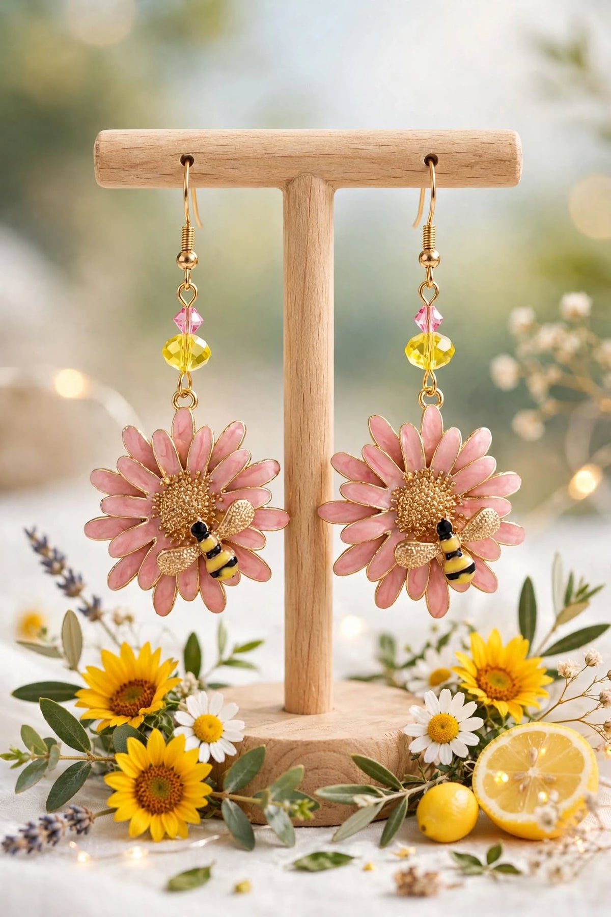 Pink Flower Bee Enamel Earrings - Charming Springtime Dangle Jewelry