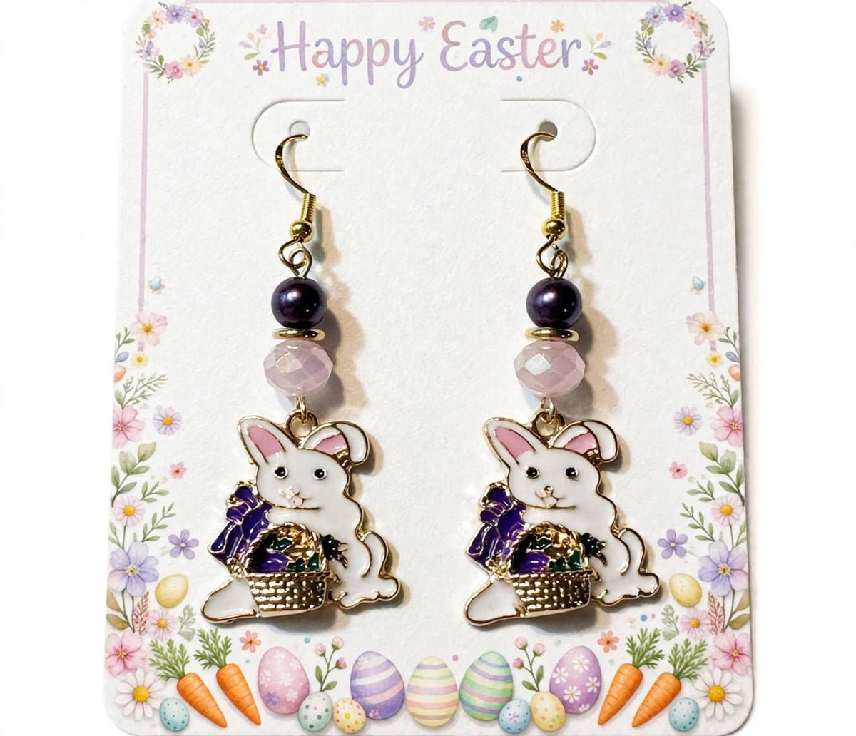 Easter Bunny Basket Enamel Earrings - Festive Joyful Dangle Jewelry