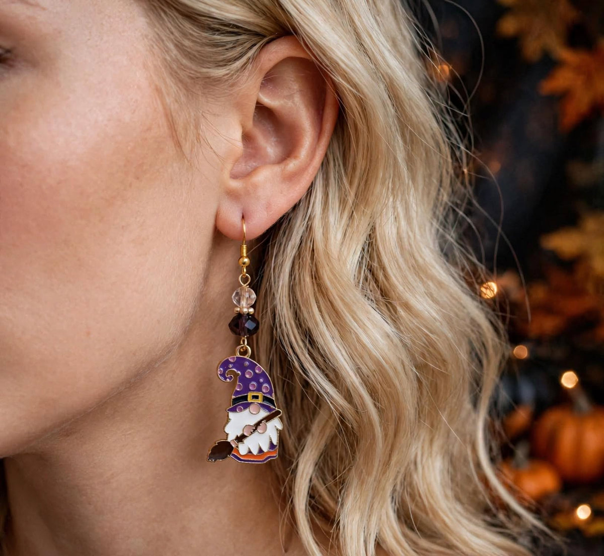 Halloween-Themed Gnome Broom Enamel Earrings - Whimsical Autumn Dangle Jewelry