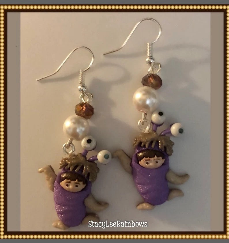 Handmade Purple Monster Costume Earrings – Quirky Polymer Clay Dangle Jewelry with Glass Pearl & Bead Accents – Fun and Unique Gift for Her