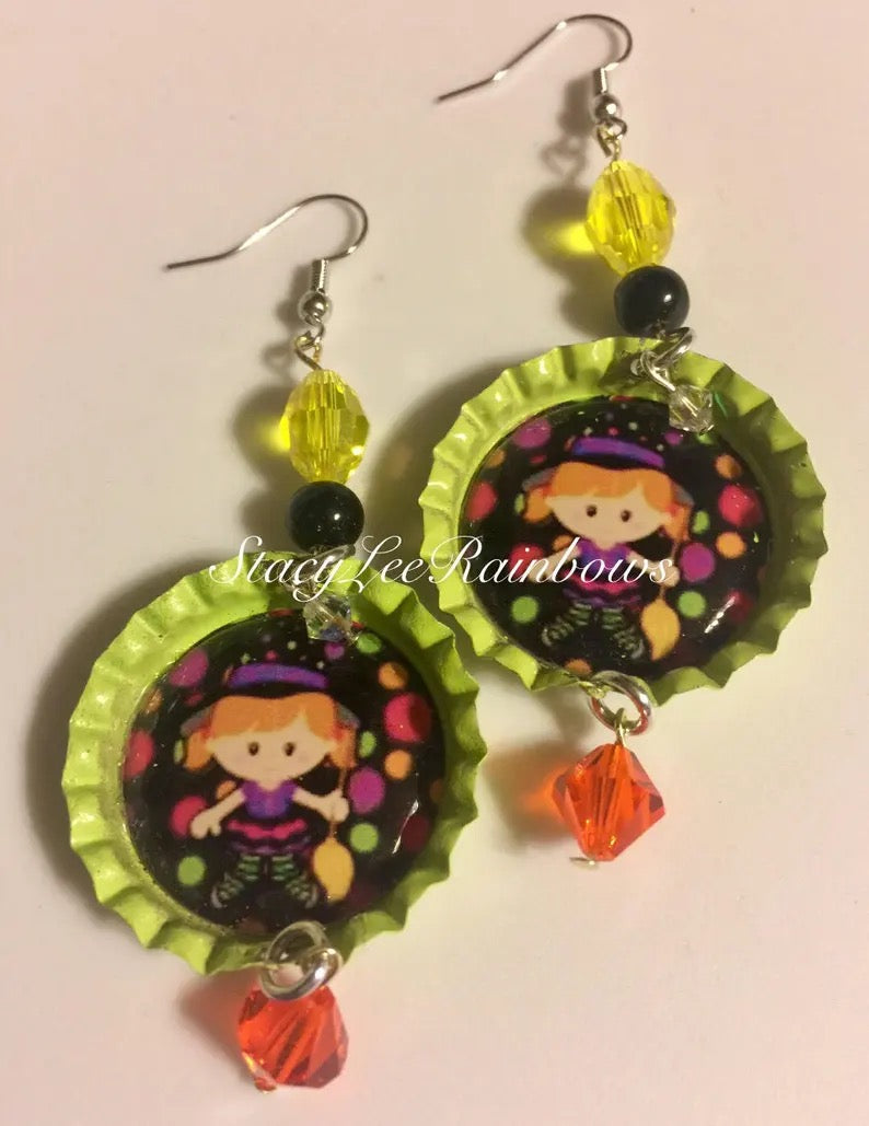 Halloween Witch Bottlecap Dangle/Drop Earrings