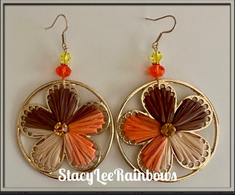 Handcrafted Paper-Wrapped Dangle Hoop Earrings – 2-Inch Brown & Orange Fall Jewelry