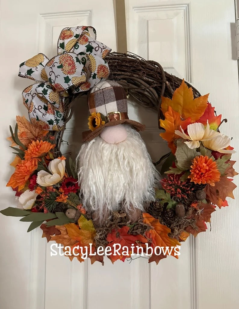Rustic Fall Gnome Wreath – 22x23” Grapevine Autumn Door Decoration with Silk Flowers & Fabric Gnome