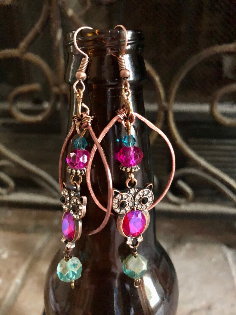 Rustic Copper Tone Owl Hoop Dangle Earrings Fuchsia Owl Dangle Hoop Earrings Fuchsia Rhinestone Charms
