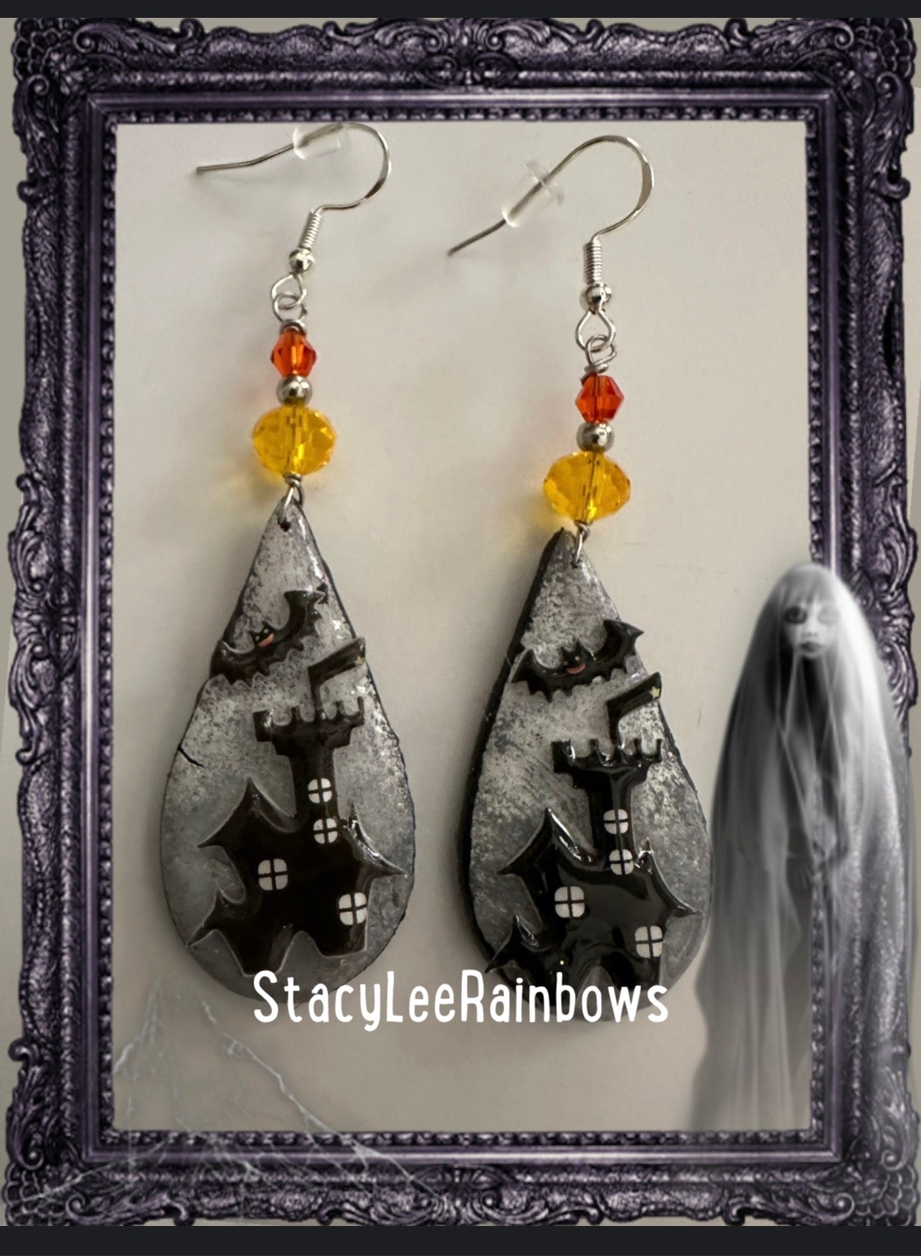Spooky Dangle Teardrop Clay Resin Haunted Castle
