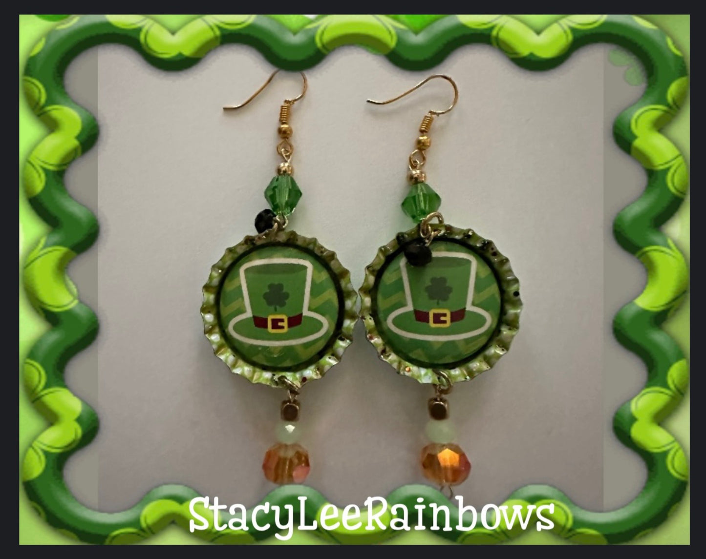 Saint Patrick's Day Bottlecap Earrings – Lucky Irish Dangle Design with Beads