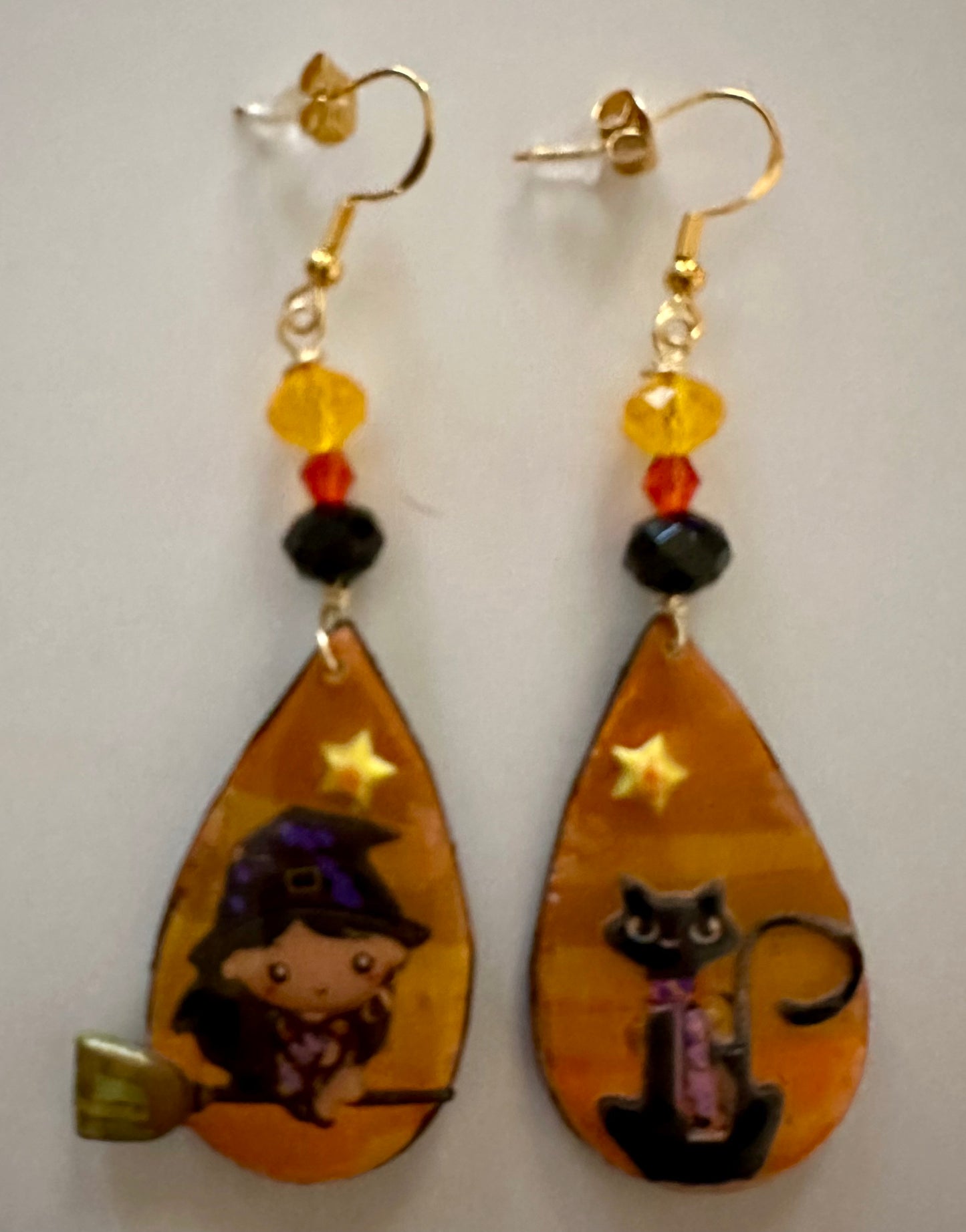 Dangle Clay Resin Teardrop Halloween Witch and Cat Earrings