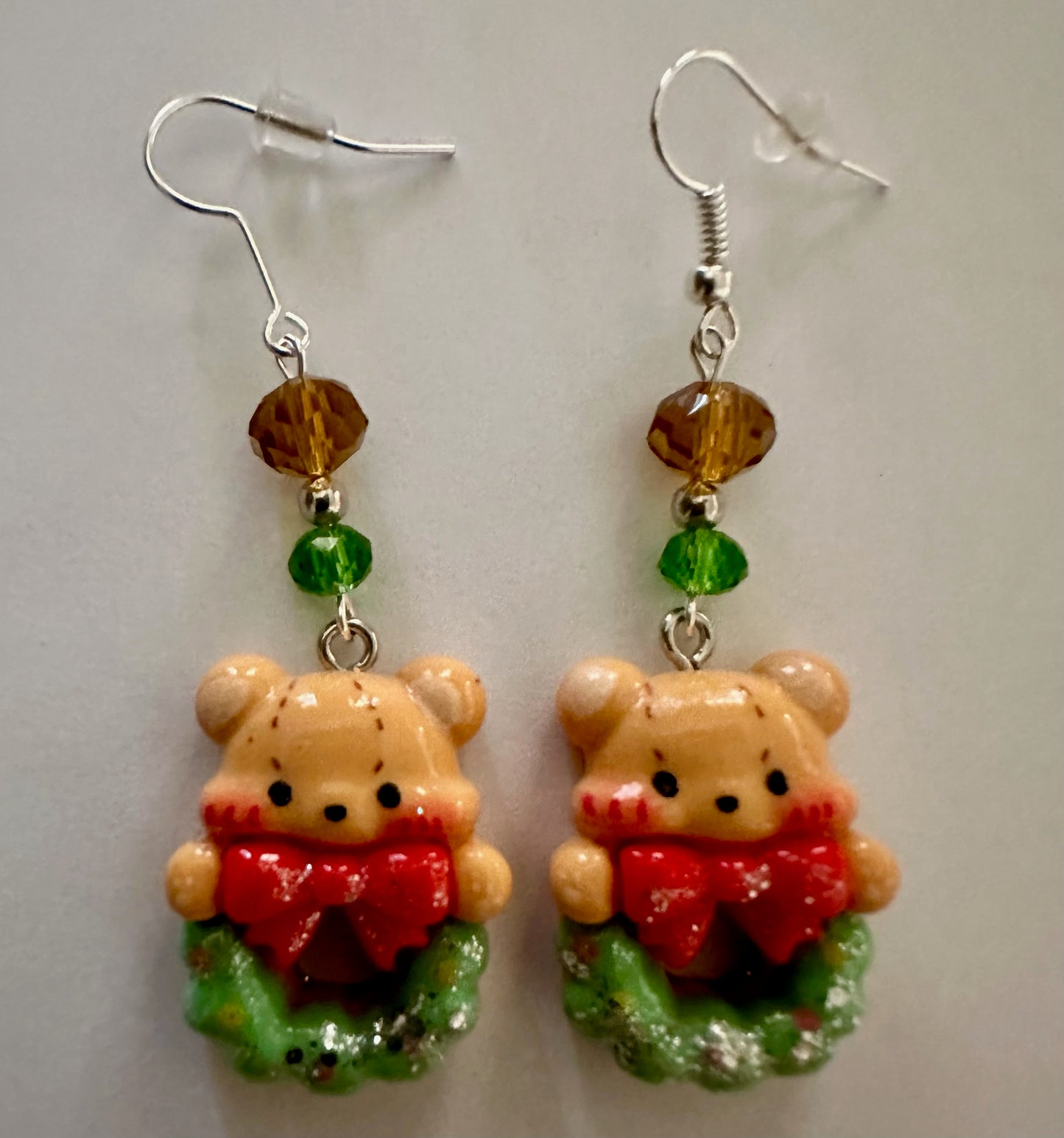 Christmas Bear Wreath Dangle Clay Resin Earrings - Festive Handmade Holiday Jewelry
