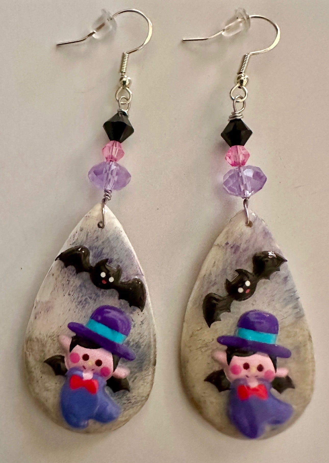 Handmade Halloween Cute Vampire Witch Bat Teardrop Earrings - Clay & Resin Design