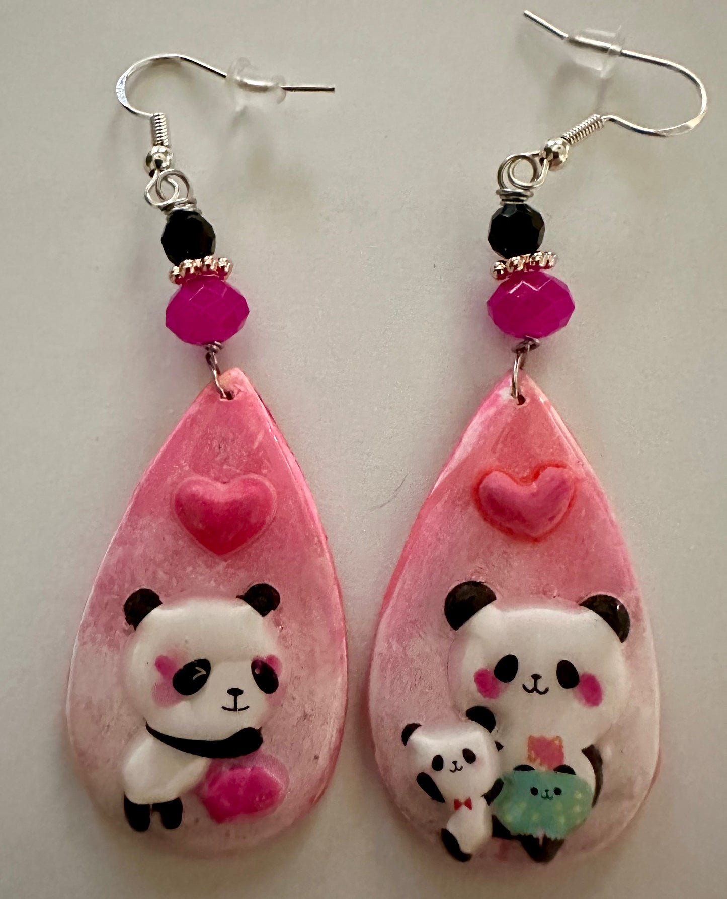 Handmade Panda Clay Resin Teardrop Earrings - Adorable Pink Heart and Leaf Design