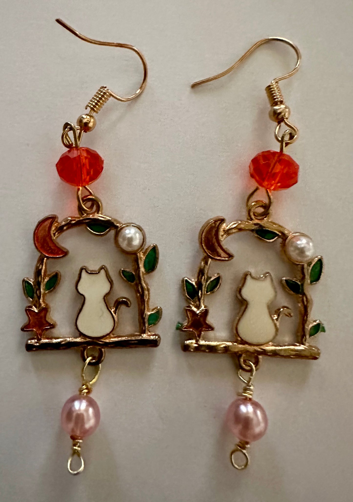 Enamel Cat & Moon Charms Dangle Earrings with Glass Beads