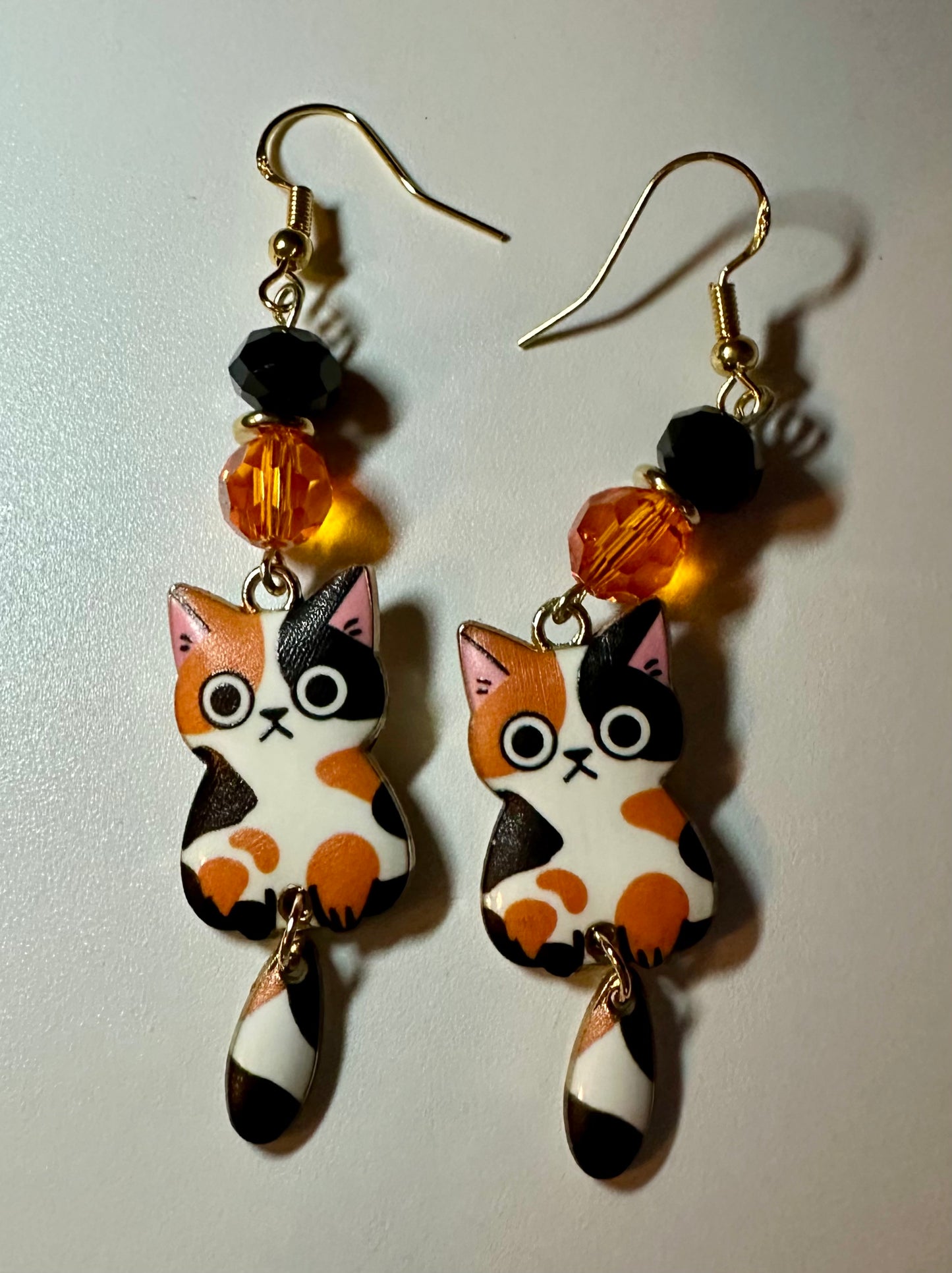 Swinging Cutie Kitty - Mischievous Calico Cat Enamel Earrings - Dangle Jewelry