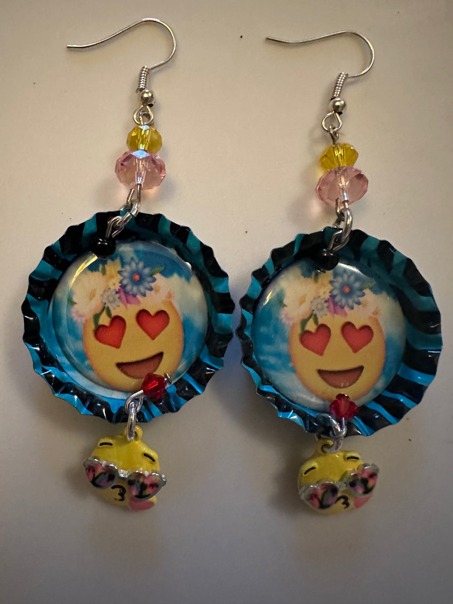 Flowery Heart Emoji Bottlecap Earrings - Silly Cute Dangle Jewelry