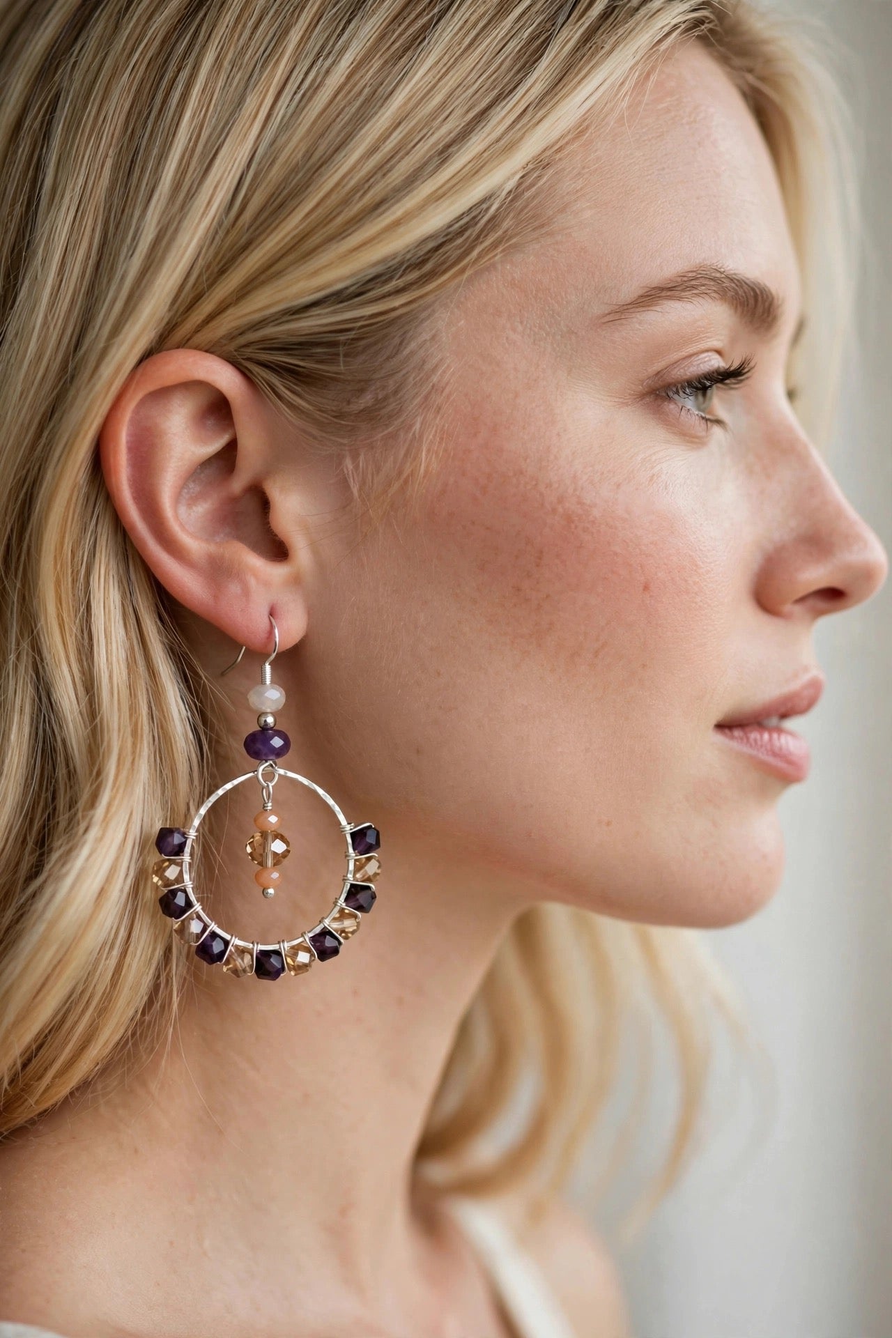 Wire Crystal Beads Purple Gemstone Hoop Earrings - Elegant Dangle Jewelry