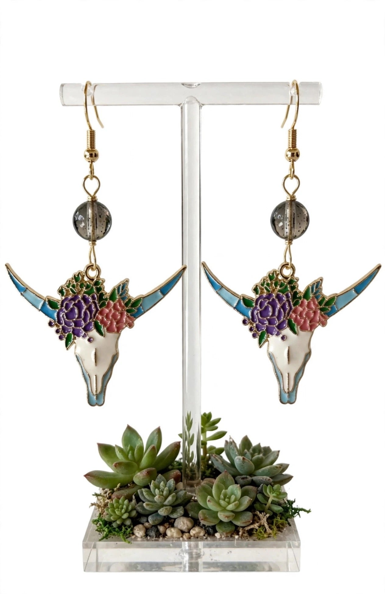 Bull Skull Floral Enamel Earrings - Vibrant Dangle Jewelry