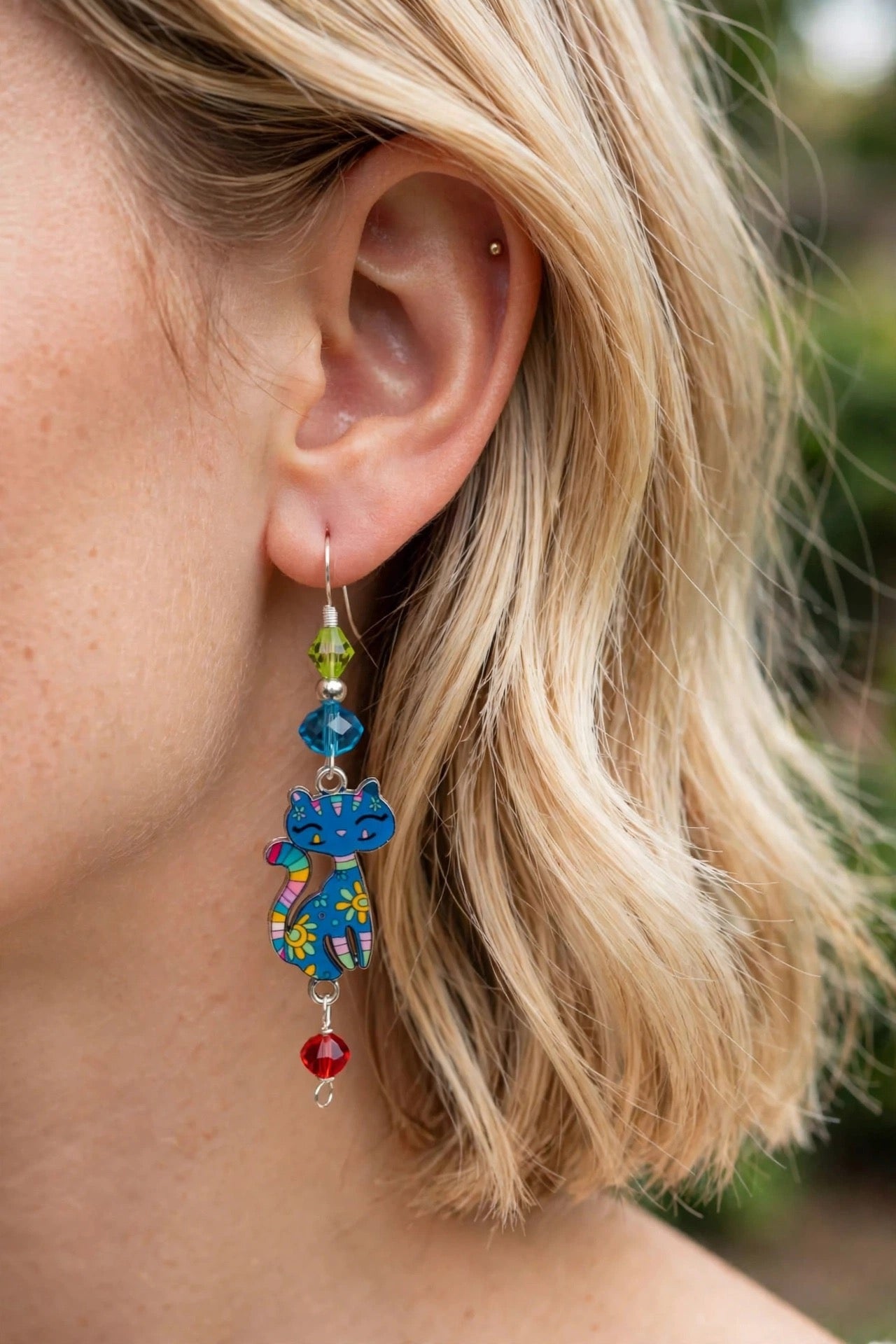 Blue Flower Cat Enamel Earrings - Kawaii Cat Lover Dangle Jewelry