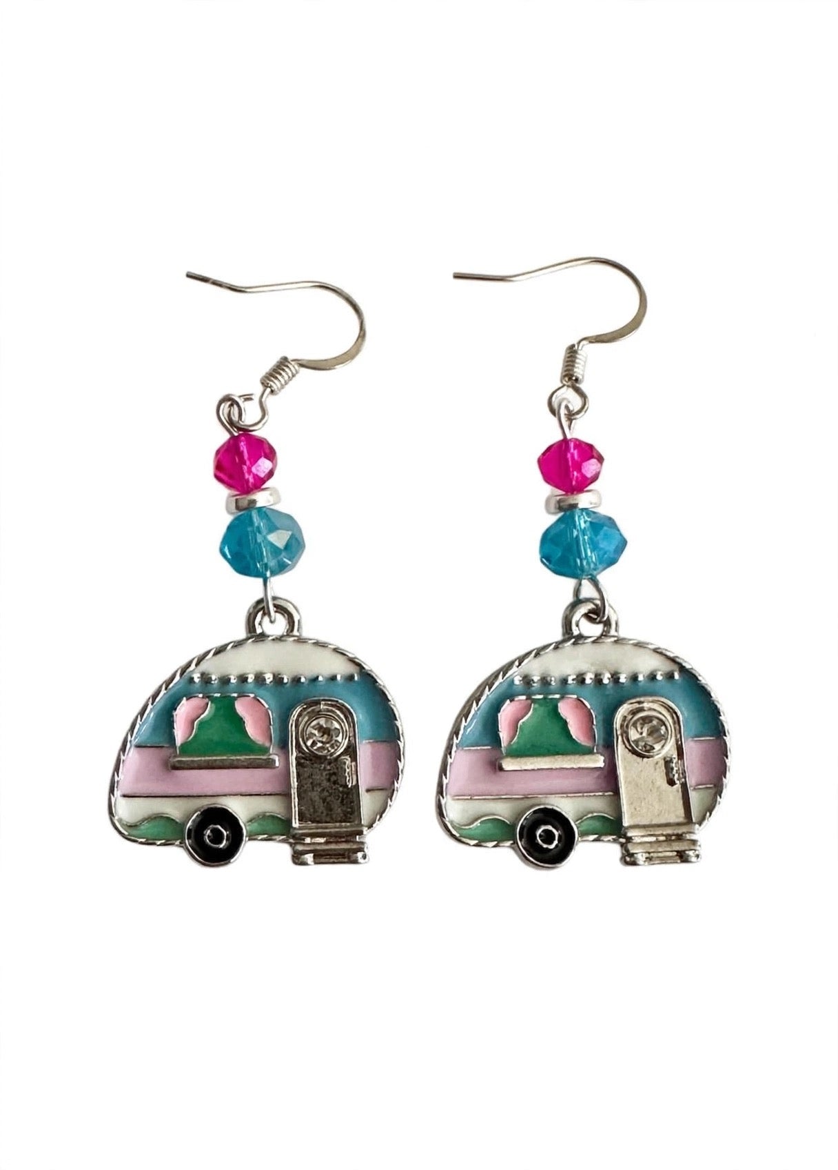 Pink & Blue RV Camper Enamel Earrings - Retro Vibes Dangle Jewelry