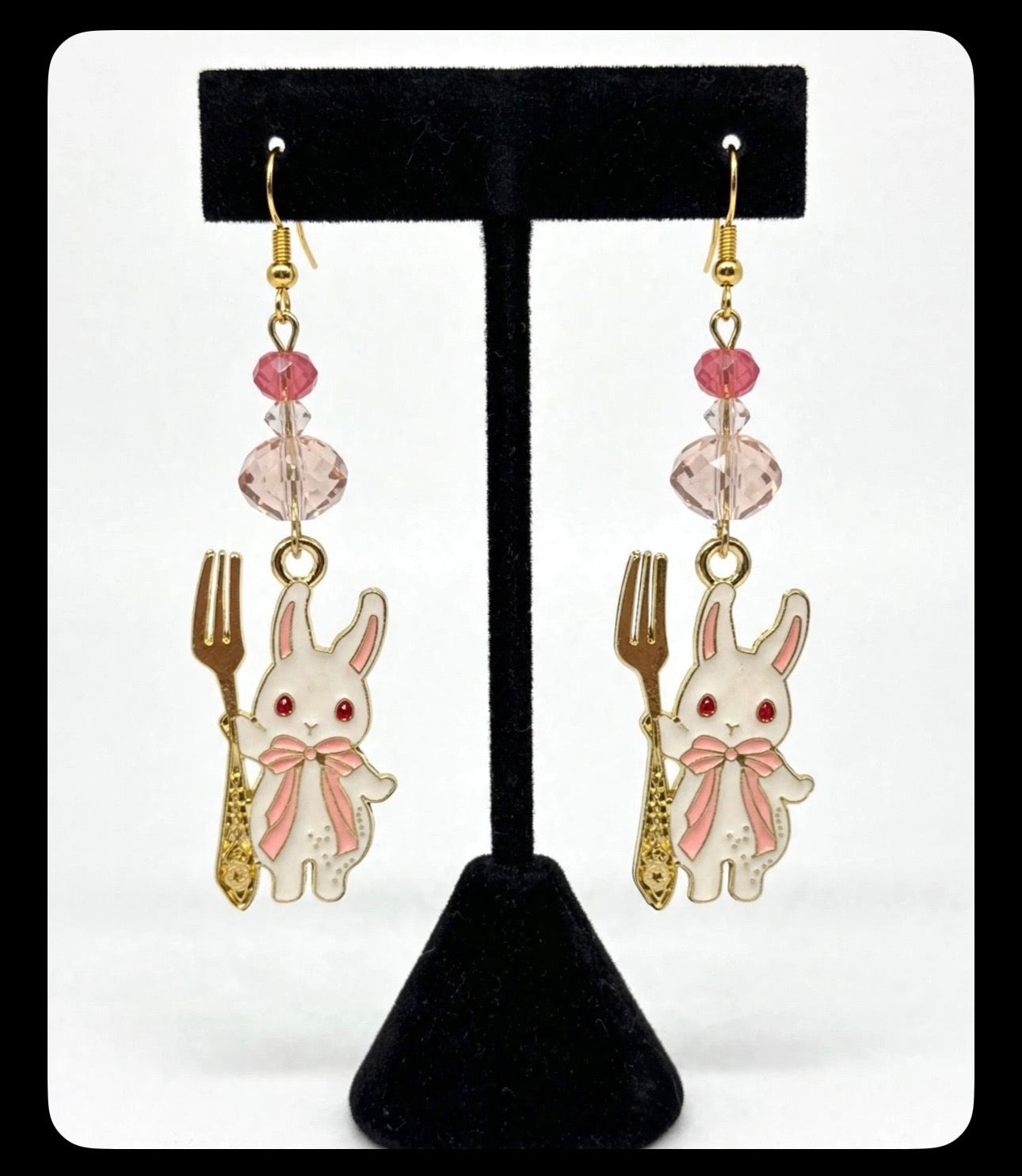 Fancy Fork Easter Bunny Enamel Charm Earrings - Cute Dangle Jewelry