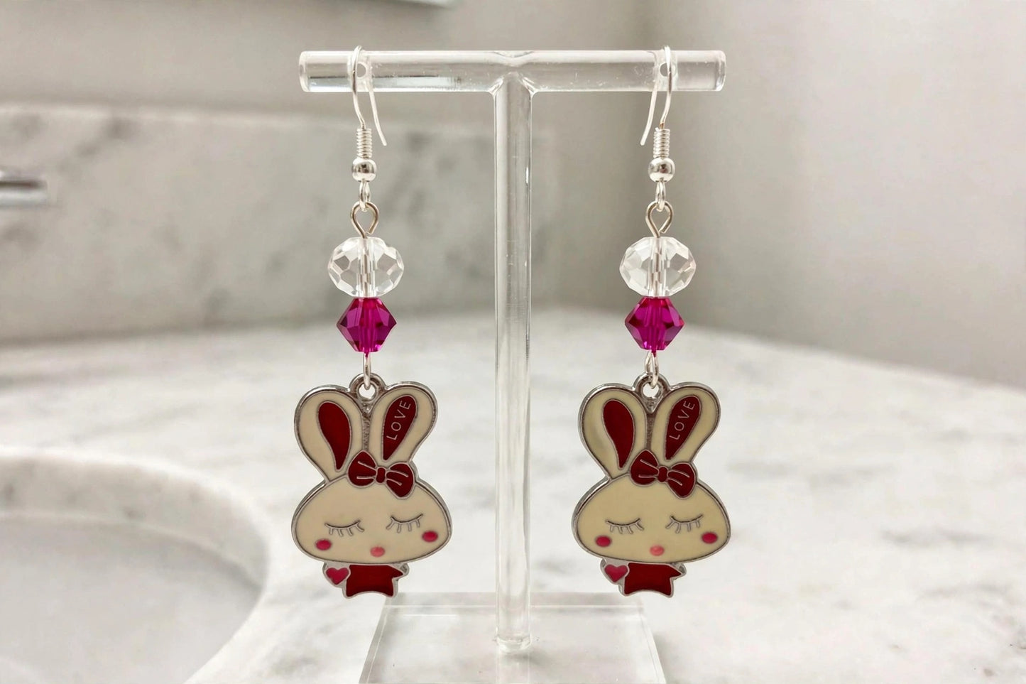 Valentine's Day Bunny Enamel Earrings - Lovely Dangle Jewelry