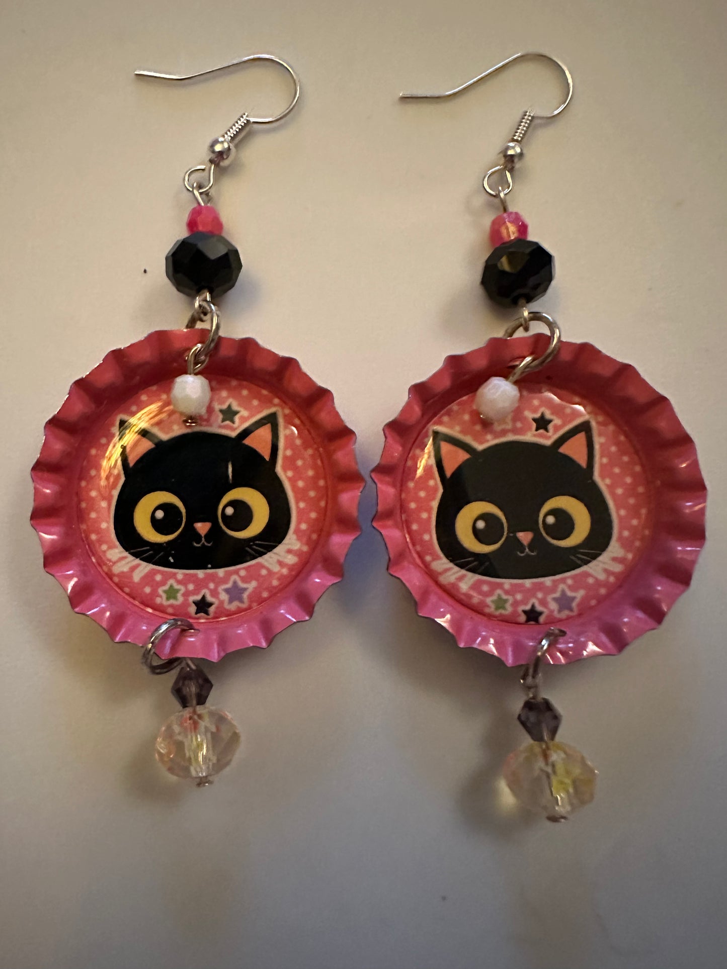 Starry Black Cat Bottlecap Earrings - Whimsical Cute Dangle Jewelry