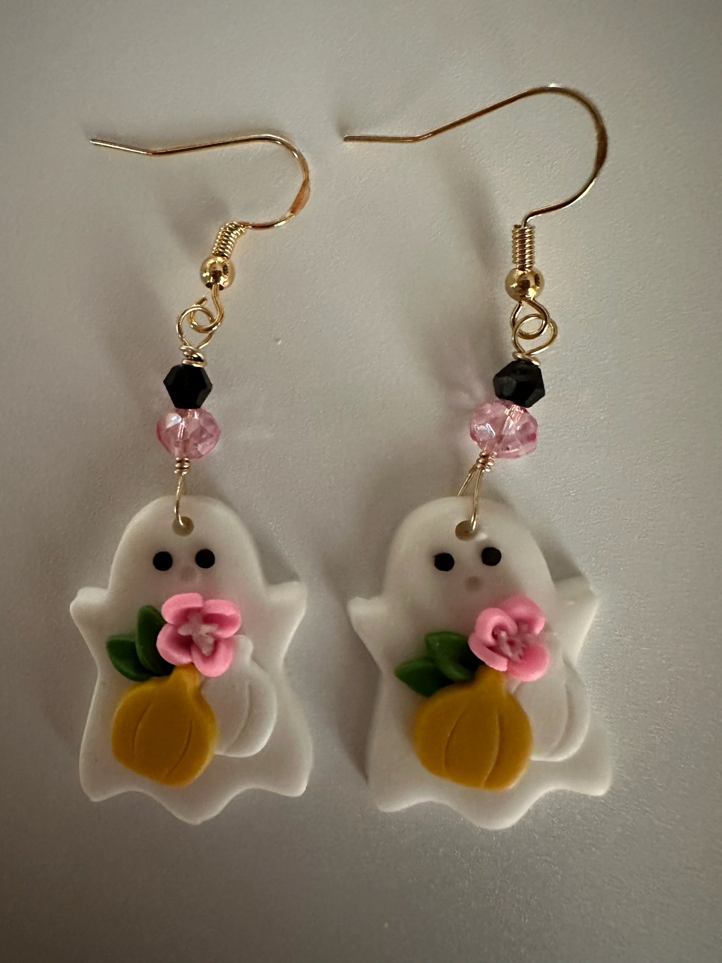 Flower Ghost Pumpkin Clay & Resin Earrings - Whimsical Cute Dangle Jewelry