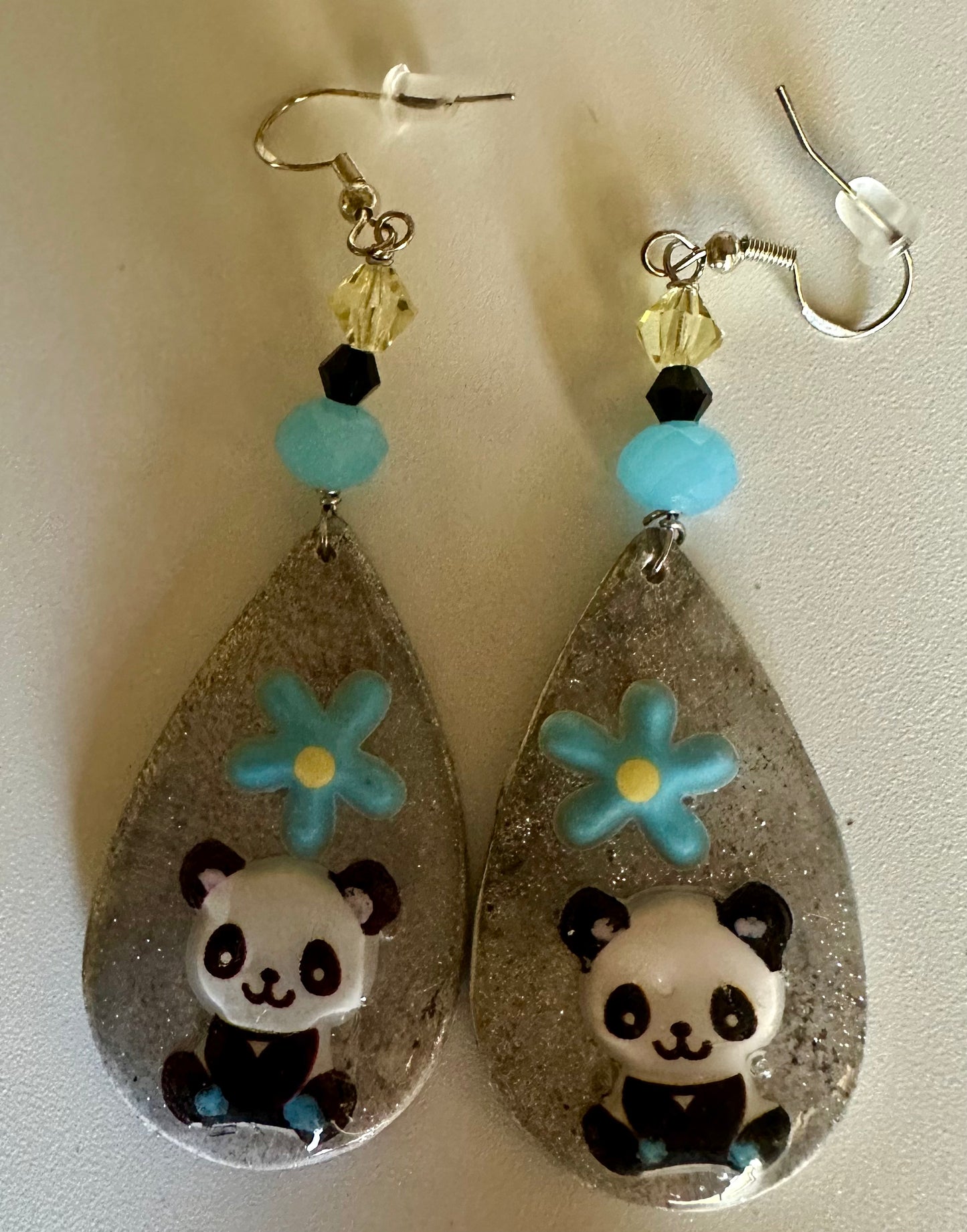 Whimsical Floral Panda Clay & Resin Earrings - Cute Teardrop Jewelry