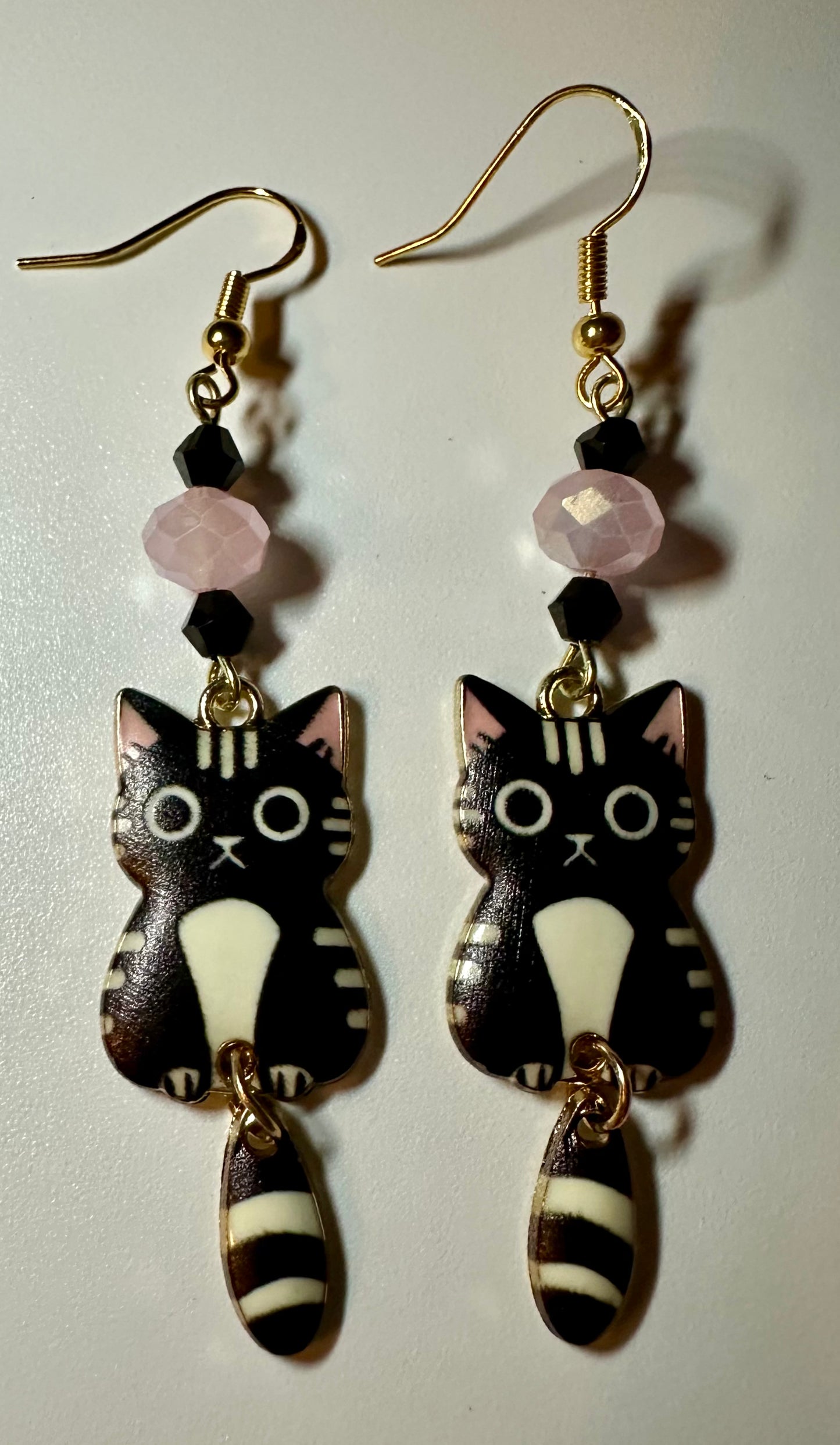 Swinging Cutie Kitty - Wide-eyed Black Cat Enamel Earrings - Dangle Jewelry
