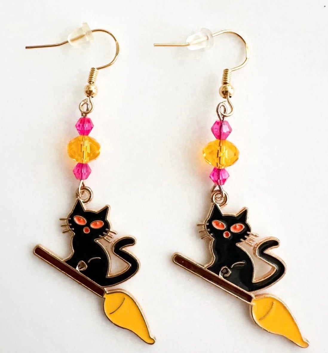Black Cat on Broom Enamel Earrings - Halloween Dangle Jewelry