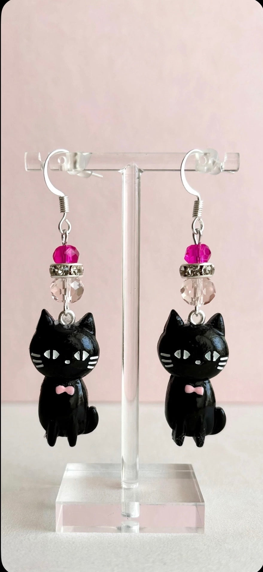 Dangle Clay Pink Bow Resin Halloween Black Cat Earrings