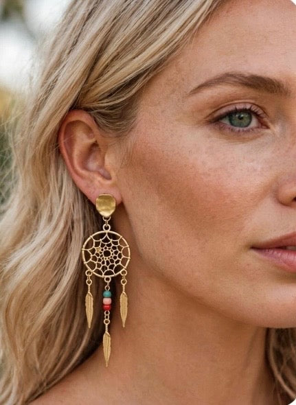 Golden Dreamcatcher Design Metal Earrings - Delicate Spiritual Jewelry