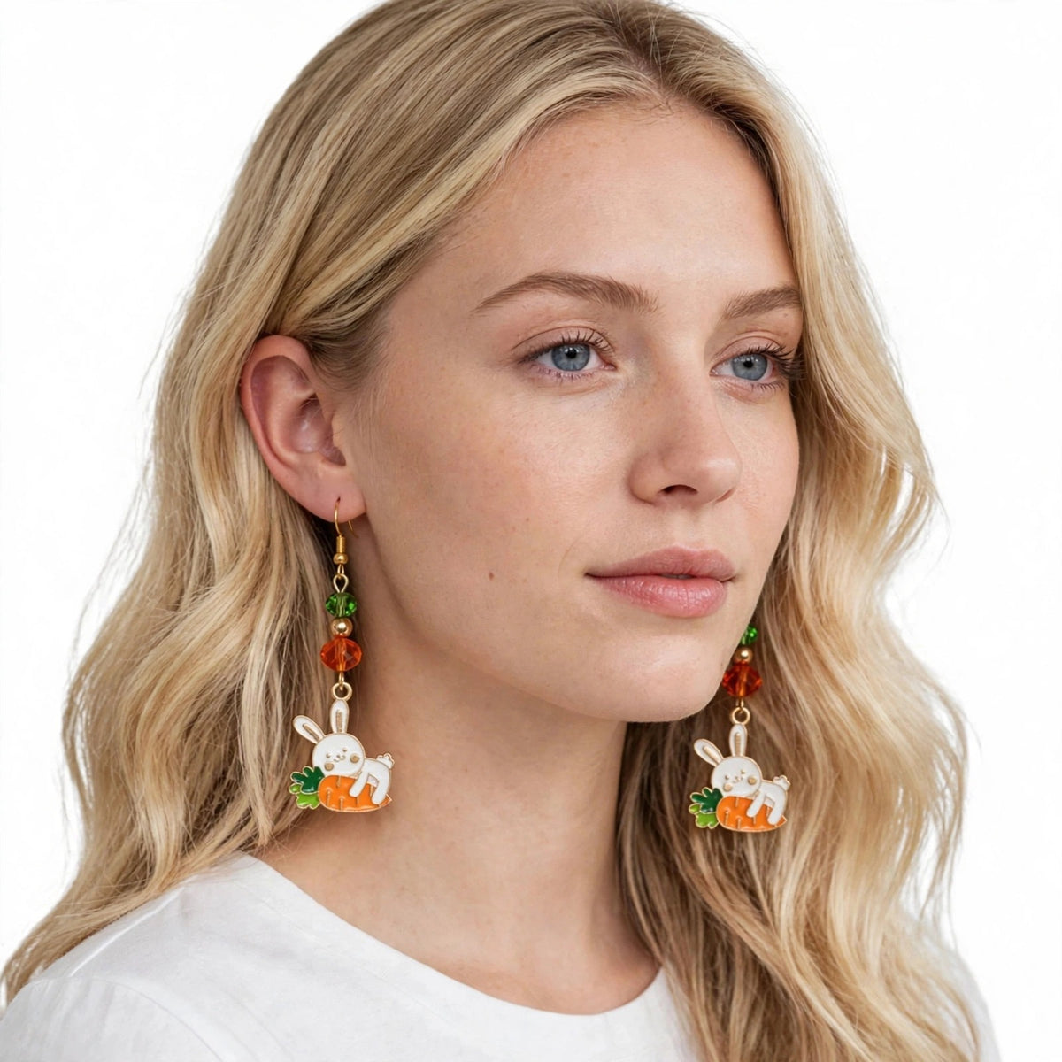 Carrot Cuddle Bunny Enamel Earrings - Cute Dangle Jewelry