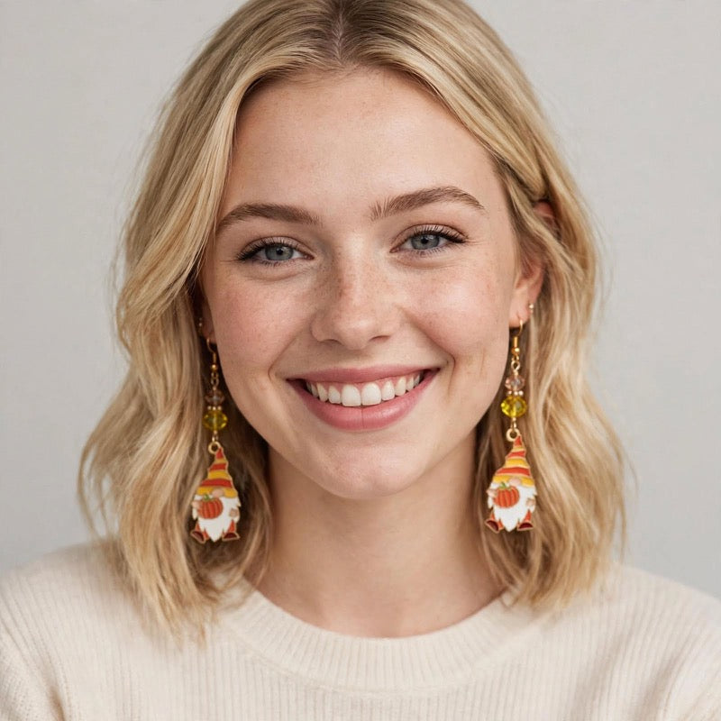 Fall-themed Pumpkin Gnome Enamel Earrings - Adorable Dangle Jewelry