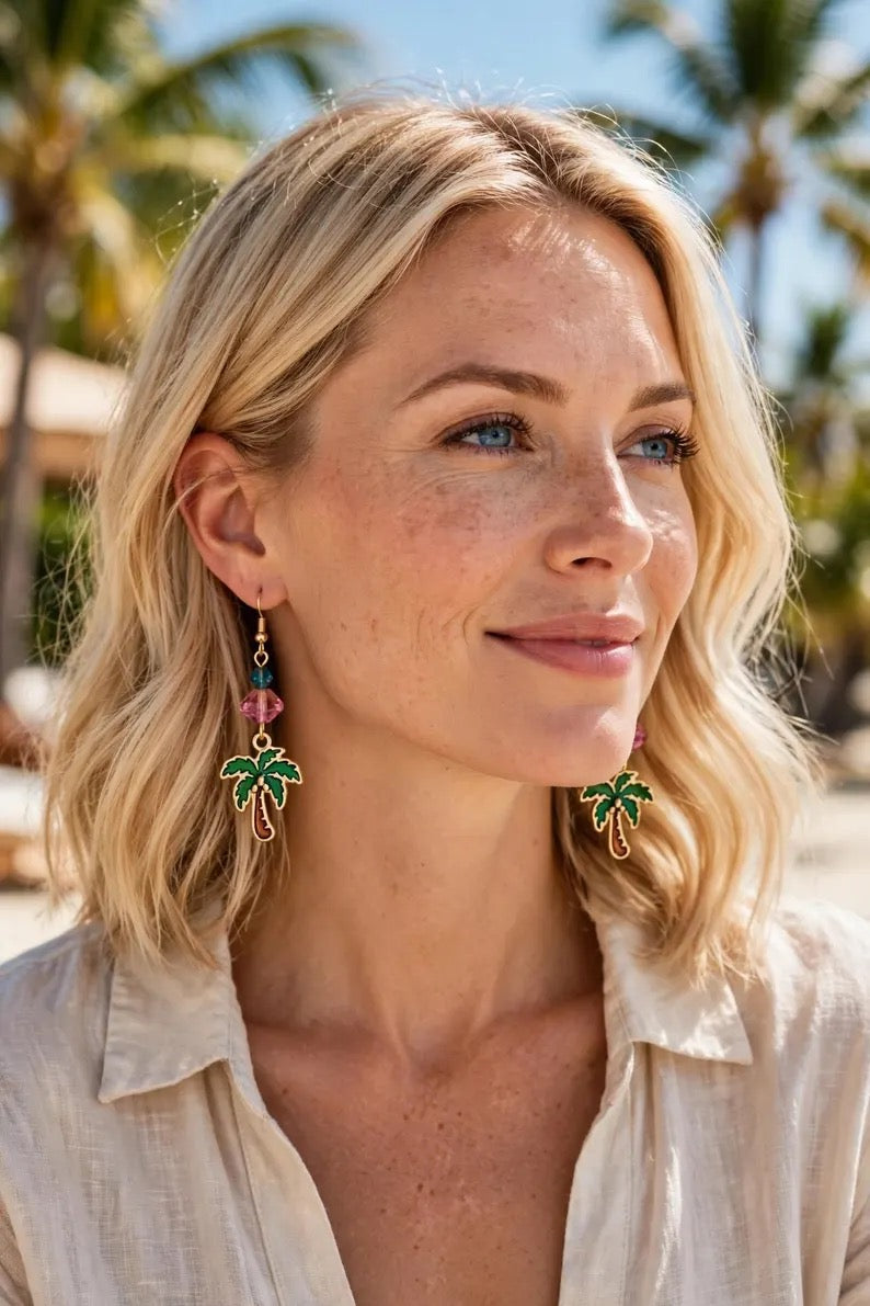 Tropical Dream Palm Tree Enamel Earrings - Summer Dangle Jewelry