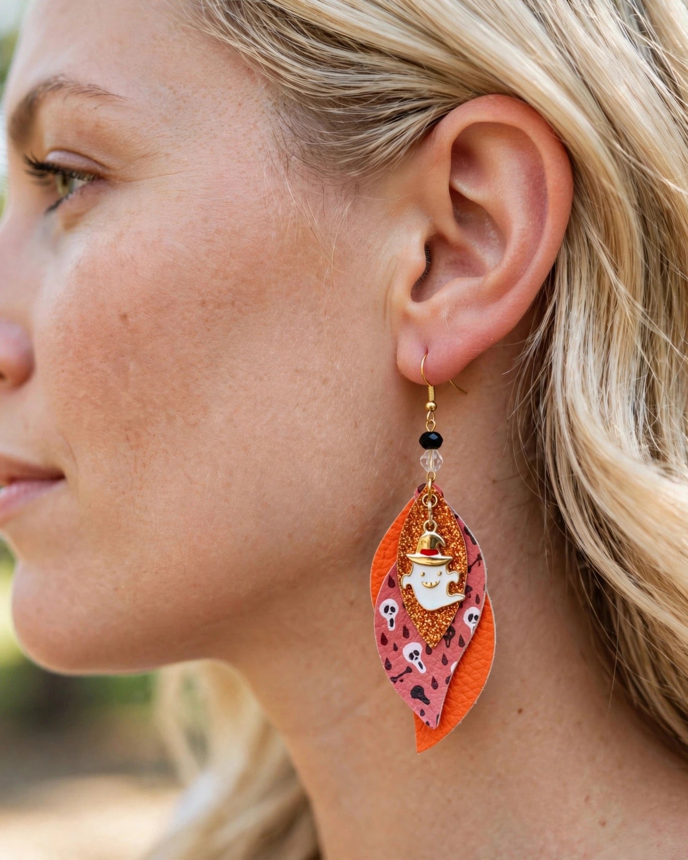 Halloween Witch Ghost Faux Leather Enamel Charm Earrings - Spooky Cute Dangle Jewelry