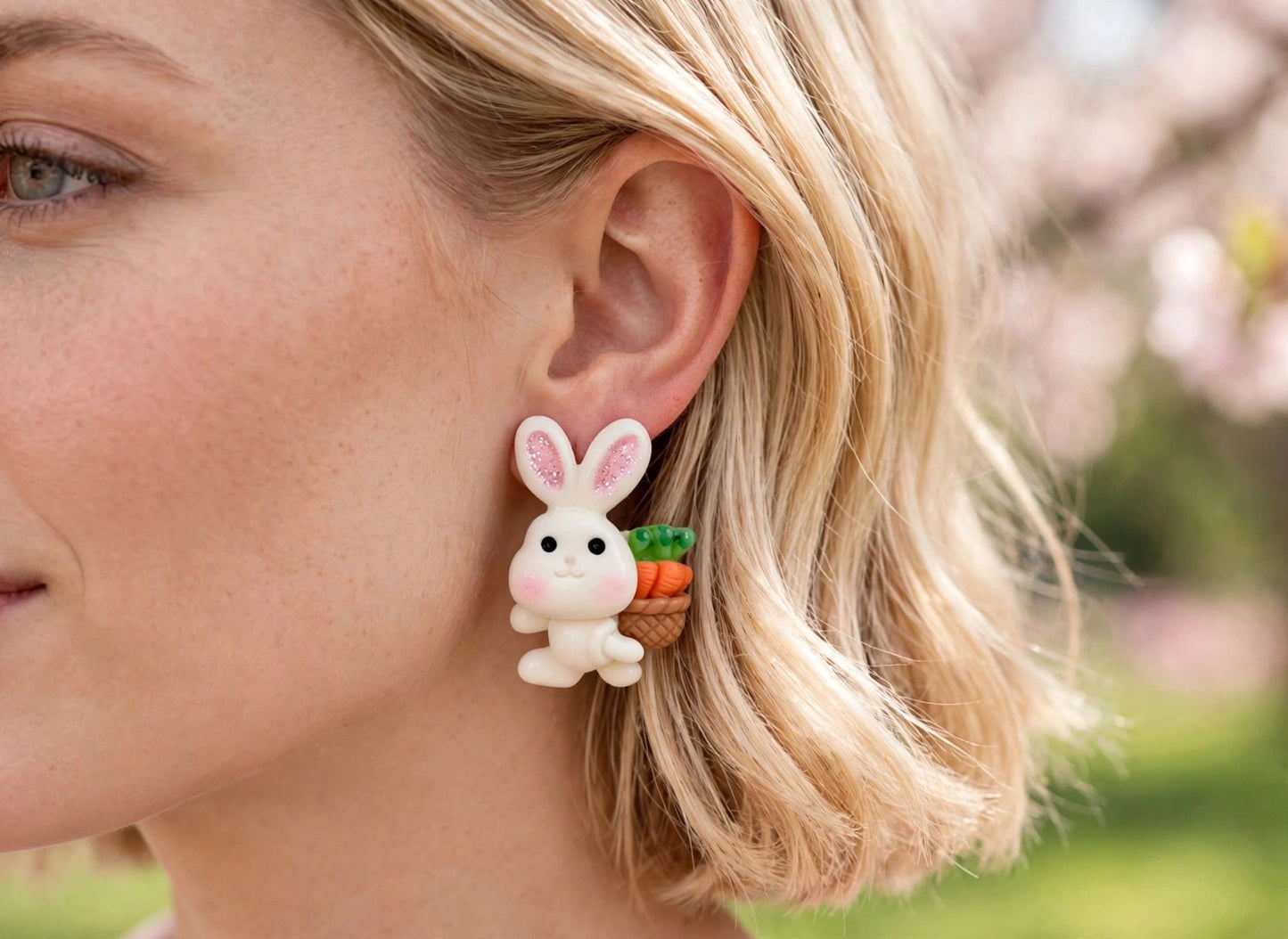 Bunny Carrot Basket Clay Resin Earrings - Easter Stud Jewelry