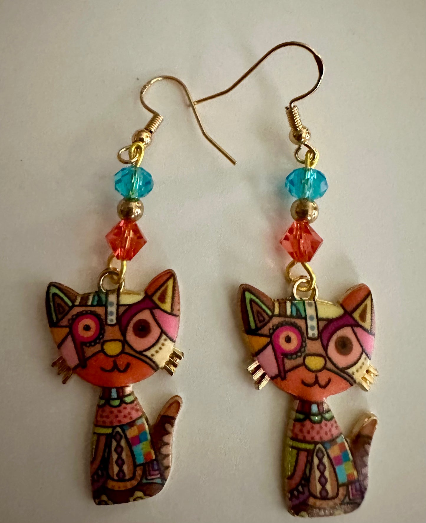 Orange Colorful Cat Enamel Charm Earrings - Abstract Dangle Jewelry