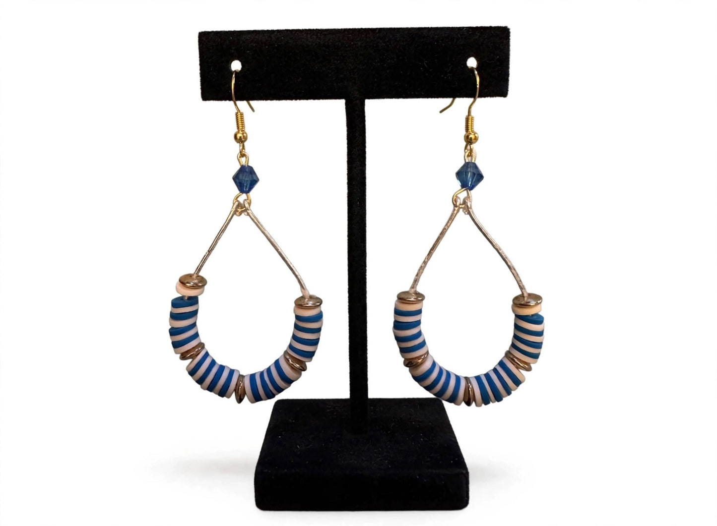 Blue & White Beaded Wire Metal Earrings - Fancy Teardrop Jewelry